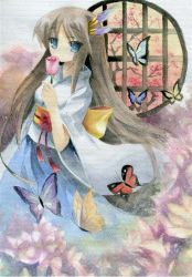 Rule 34 | 1girl, bad id, bad pixiv id, blue eyes, brown hair, bug, butterfly, cherry blossoms, flower, hair ornament, bug, japanese clothes, long hair, original, painting (medium), pink flower, pink rose, rose, solo, sxbzero, traditional media, watercolor (medium)