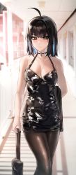 Rule 34 | 1girl, absurdres, ahoge, bad id, bad twitter id, bare shoulders, black dress, black hair, blue hair, blush, breasts, brown eyes, choker, cleavage, closed mouth, collarbone, colored inner hair, cowboy shot, dress, frown, furrowed brow, goth fashion, halter dress, halterneck, highres, irene (kanniiepan), kanniiepan, luggage, medium breasts, medium hair, mole, mole on breast, mole under eye, multicolored hair, original, pantyhose, pencil dress, shiny clothes, short dress, solo, tsurime, walking