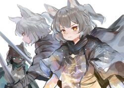 Rule 34 | 3girls, animal ear fluff, animal ears, bandaged arm, bandaged hand, bandages, black gloves, blue eyes, brown eyes, commentary, dokomon, gloves, glowing, glowing eyes, grey hair, hand up, highres, holding, holding sword, holding weapon, long sleeves, looking at viewer, multiple girls, original, ponytail, puffy long sleeves, puffy sleeves, shirt, simple background, sketch, sweat, sword, symbol-only commentary, v-shaped eyebrows, weapon, white background, white shirt, wolf ears