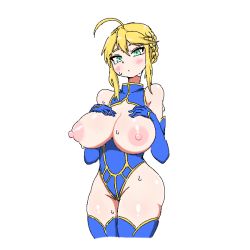 Rule 34 | 1girl, artoria pendragon (lancer) (fate), blonde hair, breasts, breasts out, fate (series), gloves, large areolae, large breasts, leotard, madoro, solo, sweat