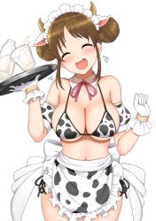 Rule 34 | 1girl, 2021, absurdres, animal print, apron, bikini, blush, bottle, bow, bowtie, breasts, brown hair, chinese zodiac, cleavage, clenched hand, closed eyes, commentary request, cow print, detached collar, double bun, gloves, hair bun, hands up, highres, holding, holding tray, large breasts, milk, milk bottle, new year, open mouth, princess connect!, red bow, red bowtie, short hair, smile, solo, suzume (princess connect!), swimsuit, tray, waist apron, white gloves, year of the ox, yue (show-ei)