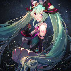 Rule 34 | 1girl, baisi shaonian, blue eyes, character name, cowboy shot, from side, gloves, green hair, hair between eyes, hat, hatsune miku, highres, long hair, looking at viewer, microphone, mini hat, mini top hat, number tattoo, open mouth, shoulder tattoo, solo, tattoo, top hat, twintails, very long hair, vocaloid, white gloves