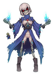 Rule 34 | 1girl, 1other, amulet, belt, blue fire, blue robe, bone, boots, breasts, cuffs, dark caster, fire, full body, high collar, highres, lich, looking at viewer, magic, mask, masked, medium breasts, nyong nyong, pussy, pussy juice, red eyes, ribs, robe, shackles, terraria, torn clothes, torn robe, undead, white hair, wide sleeves