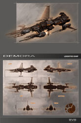 Rule 34 | absurdres, advanced ship (eve online), brown theme, character sheet, commentary, concept art, copyright name, cruiser (eve online), emblem, emilus, eve online, flying, from side, glowing, highres, logistics ship (eve online), logo, military vehicle, minmatar republic (eve online), multiple views, no humans, original, science fiction, solar panel, spacecraft, tech 2 ship (eve online), thrusters, vehicle focus