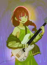 Rule 34 | 1girl, bare shoulders, bass guitar, blue background, blunt bangs, bocchi the rock!, bow, braid, commentary, dress, ggaeng, green dress, hair bow, highres, hiroi kikuri, holding, holding instrument, instrument, jacket, long hair, long sleeves, looking at viewer, multicolored clothes, multicolored jacket, music, off shoulder, open clothes, open jacket, open mouth, pink eyes, playing instrument, purple hair, ringed eyes, sharp teeth, single braid, sleeveless, sleeveless dress, smile, solo, spaghetti strap, standing, teeth, two-tone jacket