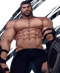 Rule 34 | 1boy, abs, adonis belt, animification, bad id, bad tumblr id, bara, beard, black pants, bulge, chest hair, dopey (dopq), facial hair, facial tattoo, from below, harness, highres, holding, holding shield, large pectorals, looking at viewer, male focus, manly, marvel, mature male, muscular, muscular male, mustache, navel, nipples, pants, pectorals, scar, scar across eye, scar on face, shield, short hair, solo, stomach, tattoo, thick eyebrows, thor (marvel), topless male