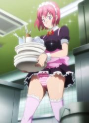 Rule 34 | 1girl, apron, bandaid, bandaid on face, bandaid on nose, breasts, dress, female focus, highres, indoors, large breasts, maid, maid headdress, maken-ki!, panties, pink thighhighs, purple eyes, red hair, shinatsu azuki, short hair, solo, standing, stitched, striped clothes, striped panties, takami akio, thighhighs, third-party edit, underwear, upskirt, wrist cuffs