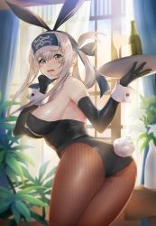 Rule 34 | 1girl, animal ears, ass, bad id, bad twitter id, bandana, black gloves, black leotard, blue eyes, bottle, brown pantyhose, champagne bottle, cup, detached collar, drinking glass, elbow gloves, fake animal ears, fishnet pantyhose, fishnets, folded ponytail, gloves, headband, highres, kamoi (kancolle), kantai collection, leotard, looking at viewer, pantsu majirou, pantyhose, playboy bunny, rabbit ears, rabbit tail, sidelocks, solo, strapless, strapless leotard, tail, tray, white hair, window, wine glass, wrist cuffs