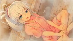 Rule 34 | 1girl, akatsuki yureru koi akari, barefoot, blue eyes, blush, breasts, feet, female focus, from above, game cg, groin, hair between eyes, hands on own legs, head tilt, high ponytail, indoors, japanese clothes, legs, light blush, long hair, looking at viewer, nose blush, open mouth, original, sauna, sitting, small breasts, solo, steam, suzakuin momiji, thighs, toes, usume shirou, v-shaped eyebrows, white hair
