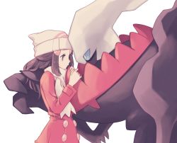 Rule 34 | 1girl, beanie, brown hair, buttons, closed mouth, coat, commentary request, creatures (company), darkrai, dawn (pokemon), eyelashes, from side, game freak, gen 4 pokemon, hair ornament, hairclip, hands up, hat, highres, holding, holding pokemon, komasawa (fmn-ppp), legendary pokemon, long hair, long sleeves, mythical pokemon, nintendo, pokemon, pokemon (creature), pokemon dppt, pokemon platinum, red coat, scarf, sidelocks, white headwear, white scarf