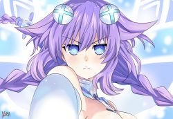 Rule 34 | 1girl, alternate costume, artist name, bare shoulders, blue eyes, blush, braid, breasts, cleavage, closed mouth, commentary, hair between eyes, hair ornament, highres, lewdkuma, long hair, looking at viewer, neptune (series), portrait, power symbol, power symbol-shaped pupils, purple hair, purple heart (neptunia), serious, solo, symbol-shaped pupils, twin braids, upper body