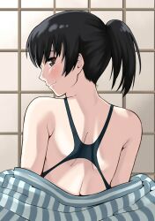 1girl amagami back back_focus bare_shoulders black_eyes black_hair black_one-piece_swimsuit commentary from_behind highres japanese_clothes jishaku_(user_rcuz2843) kimono kimono_pull looking_at_viewer looking_back nape one-piece_swimsuit ponytail profile racerback short_hair shouji shoulder_blades sliding_doors solo swimsuit tsukahara_hibiki yukata