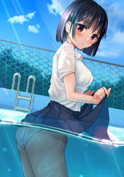 1girl, :/, ass, bangs, black hair, black skirt, blush, bob cut, breasts, chain-link fence, cloud, collared shirt, commentary request, cowboy shot, day, eyebrows visible through hair, fence, highres, iwanishi, lifted by self, light rays, looking at viewer, medium breasts, original, outdoors, panties, parted lips, partially submerged, pleated skirt, pool, red eyes, see-through, shirt, short hair, short sleeves, skirt, skirt hold, sky, solo, standing, sunlight, underwear, water, wet, wet clothes, white panties, white shirt