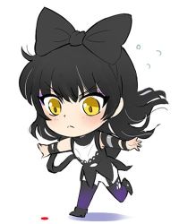 Rule 34 | 1girl, black hair, blake belladonna, bow, chibi, commentary request, hair bow, laser, laser pointer projection, laser sight, lowres, rwby, rwby chibi, solo, yellow eyes