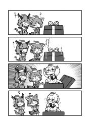 Rule 34 | 10s, 3girls, 4koma, animal ears, anteater ears, anteater tail, black-backed jackal (kemono friends), blush, bow, bowtie, box, caracal (kemono friends), christmas, closed mouth, comic, elbow gloves, empty eyes, fang, flipped hair, gift, gift box, gloves, greyscale, hat, high-waist skirt, highres, jackal ears, jackal tail, kemono friends, kotobuki (tiny life), long sleeves, looking at another, medium hair, monochrome, multicolored hair, multiple girls, open box, open mouth, santa hat, shirt, short hair, short sleeves, shorts, silky anteater (kemono friends), skirt, sleeveless, sleeveless shirt, smile, standing, tail, translation request