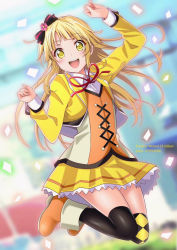 Rule 34 | 1girl, :d, arms up, bang dream!, black thighhighs, blazer, blonde hair, blurry, blurry background, blush, boots, bow, collared shirt, confetti, cosplay, cropped jacket, crossover, full body, hair bow, hoshizora rin, hoshizora rin (cosplay), jacket, jumping, long hair, long sleeves, looking at viewer, love live!, love live! school idol project, midair, neck ribbon, open clothes, open jacket, open mouth, orange footwear, outdoors, over-kneehighs, pixiv id, red ribbon, ribbon, round teeth, shirt, sidelocks, skirt, smile, solo, sunny day song, teeth, thighhighs, tina1213, tsurumaki kokoro, twitter username, vest, white shirt, wing collar, yellow eyes, yellow jacket, yellow skirt