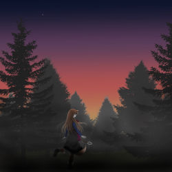Rule 34 | 1girl, animal ears, boots, fox ears, fox tail, grass, highres, holo, long hair, night, night sky, pine tree, red eyes, sky, smile, solo, spice and wolf, standing, standing on one leg, star (sky), star (symbol), starry sky, suzupom, tail, tree, wolf ears, wolf tail