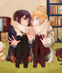 Rule 34 | 10s, 2girls, ayase eli, bad id, bad pixiv id, bag, black legwear, blonde hair, blue coat, blue eyes, blue hair, blush, book, bookshelf, brown coat, cactus, coat, eye contact, feet, flower pot, full body, fur-trimmed coat, fur trim, hair between eyes, holding hands, indoors, interlocked fingers, knees up, legs together, long sleeves, looking at another, love live!, love live! school idol project, maroon legwear, multiple girls, no shoes, on floor, outstretched hand, pantyhose, parted lips, plant, ponytail, potted plant, scarf, scrunchie, shared clothes, shared scarf, shin9tani, side-by-side, sitting, smile, soles, sonoda umi, stuffed animal, stuffed toy, teddy bear, television, warming hands, yellow eyes, yuri