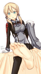 Rule 34 | 10s, 1girl, arm support, barefoot, black legwear, blonde hair, boots, unworn boots, feet, foot focus, gloves, green eyes, holding, holding shoes, kantai collection, long hair, looking at viewer, pov, prinz eugen (kancolle), shoes, unworn shoes, sitting, soles, toes, twintails, white gloves
