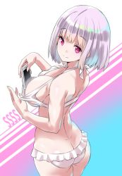 Rule 34 | 10s, 1girl, akaza, ass, bikini, bikini pull, bra, bra pull, breasts, butt crack, cellphone, clothes pull, commentary request, cowboy shot, gridman universe, large breasts, light purple hair, multicolored background, object in clothes, object in swimsuit, phone, red eyes, shinjou akane, short hair, smartphone, smile, solo, ssss.gridman, swimsuit, underwear, white bikini