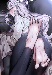 Rule 34 | 1girl, ass, barefoot, black gloves, blue archive, blush, feet, flower, foot focus, gloves, grey hair, grey shawl, hair flower, hair ornament, halo, highres, himari (blue archive), leggings, long hair, looking at viewer, lying, mole, mole under eye, nakamura rohane, on stomach, pointy ears, profile, shawl, smile, soles, solo, sweatdrop, toes, very long hair
