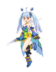Rule 34 | 1girl, ahoge, animal ears, backpack, bag, blue hair, boots, breasts, choker, cleavage, dagger, detached sleeves, earrings, full body, gloves, heart, heart earrings, highres, holding, holding dagger, holding knife, holding weapon, jewelry, kneehighs, knife, leg up, long hair, meiq no chika ni shisu, non-web source, official art, rabbit ears, red eyes, ryoji (nomura ryouji), simple background, skirt, small breasts, socks, solo, striped clothes, striped socks, twintails, weapon, white background