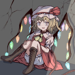 Rule 34 | 1girl, against wall, ascot, blonde hair, bloomers, boots, chain, chained, collar, corner, crack, cracked wall, cross-laced footwear, dress, empty eyes, flandre scarlet, galm x lmr (ryonasa), hat, hat ribbon, highres, knee boots, knees together feet apart, lace-up boots, mob cap, on floor, red dress, red eyes, ribbon, short hair, short sleeves, sitting, solo, touhou, underwear, wall, white bloomers, wings, yellow ascot