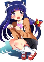 Rule 34 | 1girl, :d, absurdres, animal ears, bell, blue hair, blush, bow, cat ears, cat tail, frills, full body, furude rika, highres, higurashi no naku koro ni, jingle bell, knee blush, kneehighs, long hair, long sleeves, looking at viewer, mary janes, msmrdaaaaa, open mouth, paw pose, pink bow, shoes, simple background, skirt, smile, socks, solo, squatting, suspender skirt, suspenders, sweater, tail, white background