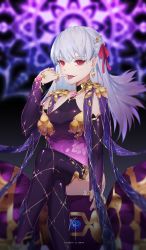 Rule 34 | 1girl, breasts, crossed legs, dmith, earrings, elbow gloves, eyebrows hidden by hair, fate/grand order, fate (series), gloves, hair ornament, hair ribbon, hairclip, highres, jewelry, kama (fate), kama (second ascension) (fate), long hair, looking at viewer, nail polish, purple thighhighs, red eyes, ribbon, silver hair, sitting, sleeveless, smile, solo, thighhighs, tongue, tongue out