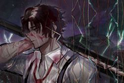 Rule 34 | 1boy, blood, blood on clothes, blood on hands, brown hair, dark-skinned male, dark skin, formal, heathcliff (project moon), highres, holding, holding weapon, limbus company, m i r r o r, necktie, project moon, rain, red necktie, scar, scar on face, scar on hand, shirt, short hair, weapon, white shirt