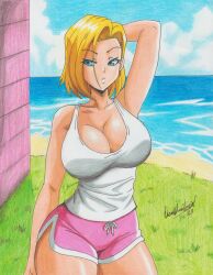 Rule 34 | 1girl, 2023, absurdres, android 18, arm behind head, arm up, blonde hair, blue eyes, breasts, cleavage, cloud, cloudy sky, dragon ball, dragonball z, earrings, grass, highres, jewelry, large breasts, looking to the side, ocean, open mouth, pink shorts, ravernclouk design, sand, shirt, short hair, short shorts, shorts, sky, sleeveless, sleeveless shirt, solo, traditional media, wall, white shirt