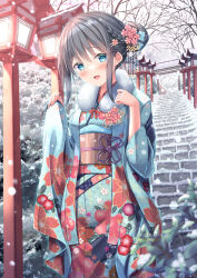 Rule 34 | 1girl, :d, bare tree, black hair, blue eyes, blue kimono, blurry, blurry foreground, braid, commentary request, depth of field, floral print, flower, fur collar, hair bun, hair flower, hair ornament, hairclip, hands up, highres, japanese clothes, kimono, lantern, long sleeves, looking at viewer, obi, open mouth, original, outdoors, pinching sleeves, pink flower, print kimono, sash, shirakawako, sidelocks, signature, sleeves past wrists, smile, snow, snowing, solo, stairs, stone stairs, tree, twitter username, wide sleeves