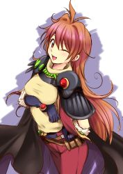 Rule 34 | 1girl, blush, breasts, cape, gloves, highres, katori (mocchidou), lina inverse, long hair, looking at viewer, one eye closed, open mouth, orange hair, red eyes, simple background, slayers, smile, solo, white background