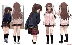 Rule 34 | 2girls, atarashi ako, brown hair, full body, miniskirt, multiple girls, ponytail, saki, school uniform, shisoneri, skirt, standing, takakamo shizuno, white background, window