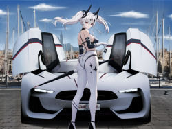 Rule 34 | 1girl, absurdres, alternate costume, architecture, ass, azur lane, backless outfit, bare back, bare shoulders, black bodysuit, black gloves, boat, bodysuit, breasts, brick road, car, cathedral, character name, checkered clothes, citroen, closed umbrella, cloud, cloudy sky, copyright name, day, detached collar, elbow gloves, eyeliner, france, from behind, full body, gloves, greco-roman architecture, gt by citroen, hair ornament, halterneck, hand up, harbor, high heels, highleg, highres, holding, holding key, holding umbrella, joffre (azur lane), kcar66t, key, charm (object), leggings, license plate, long hair, looking at viewer, looking back, marina, marseille, medium breasts, midriff, motor vehicle, mountainous horizon, multicolored bodysuit, multicolored clothes, notre dame de la garde, old port of marseille, outdoors, pantyhose, product placement, race queen, real world location, red eyeliner, sailboat, shoulder blades, sideboob, skin tight, sky, solo, sports car, thighs, tight clothes, twintails, two-tone bodysuit, two-tone gloves, umbrella, vichya dominion (emblem), watercraft, white bodysuit, white footwear, white gloves, white hair, white leggings, white pantyhose