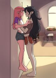 Rule 34 | 2girls, adventure time, against wall, black hair, blush, closed mouth, clothes lift, colored skin, eye contact, feet, height difference, highres, imsteli, lauren phillips lifting alice merchesi (meme), long hair, looking at another, marceline abadeer, medium hair, meme, multiple girls, pink hair, pink skin, pointy ears, princess bonnibel bubblegum, scene reference, skirt, skirt lift, tiara, toes, yuri