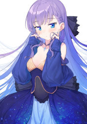 Rule 34 | 1girl, black ribbon, blue dress, blue eyes, blush, breasts, coffeekite, dress, fate/extra, fate/extra ccc, fate/grand order, fate (series), hair ribbon, highres, long hair, long sleeves, looking at viewer, meltryllis (fate), purple hair, ribbon, small breasts, solo, very long hair
