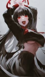 Rule 34 | 1girl, arms up, black hair, black shirt, black skirt, black wings, blue archive, breasts, choker, gradient background, grey background, halo, hiki momoco, large breasts, long hair, looking at viewer, midriff, neckerchief, open mouth, red choker, red eyes, red halo, red neckerchief, school uniform, shirt, skirt, solo, sweat, teeth, torn clothes, tsurugi (blue archive), underboob, upper teeth only, very long hair, wings