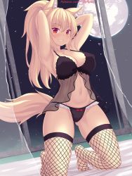 Rule 34 | 1girl, animal ear fluff, animal ears, armpits, arms up, babydoll, black panties, blonde hair, bow, bow panties, breasts, cat ears, cat tail, collarbone, commentary, english commentary, fishnet thighhighs, fishnets, gluteal fold, grin, highres, kneeling, lingerie, long hair, looking at viewer, medium breasts, moon, navel, night, night sky, nottytiffy, original, panties, red eyes, sky, smile, solo, star (sky), starry sky, tail, teeth, thighhighs, thighs, tiffy (nottytiffy), underwear, watermark, web address