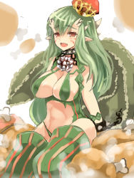 Rule 34 | 1girl, breasts, capcom, cleavage, crown, deviljho, facial mark, food, green hair, highres, large breasts, long hair, meat, monster girl, monster hunter (series), personification, red eyes, tagme, tail, thighhighs