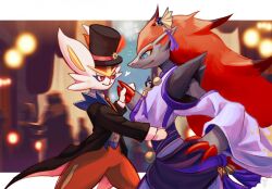 black_fur black_hat black_jacket blue_eyes cinderace cinderace_(tuxedo) claws clothed_pokemon clothing_cutout creatures_(company) game_freak gen_5_pokemon gen_8_pokemon hat highres jacket japanese_clothes kimono long_hair nintendo pants pokemon pokemon_(creature) pokemon_unite purple_kimono red_eyes red_hair red_pants shoulder_cutout tenebscuro top_hat white_fur zoroark zoroark_(ghost)