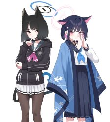Rule 34 | 2girls, absurdres, animal ears, black eyes, black hair, black jacket, black pantyhose, black sailor collar, black skirt, blue archive, blue halo, blue neckerchief, blush, cat ears, cat tail, closed mouth, colored inner hair, cosplay, costume switch, extra ears, feet out of frame, hair ornament, hairclip, halo, haori, highres, jacket, japanese clothes, kazusa (blue archive), kazusa (blue archive) (cosplay), kikyou (blue archive), kikyou (blue archive) (cosplay), long sleeves, looking at viewer, multicolored hair, multiple girls, multiple tails, neckerchief, nord (expc4752), pantyhose, pink hair, pink halo, pleated skirt, red eyes, sailor collar, school uniform, serafuku, short hair, simple background, skirt, socks, tail, two tails, white background, white skirt, white socks