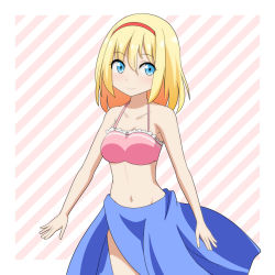 Rule 34 | 1girl, alice margatroid, bare arms, bare shoulders, bikini, bikini top only, blonde hair, blue eyes, breasts, cato (monocatienus), collarbone, commentary request, cowboy shot, diagonal stripes, eyes visible through hair, hair between eyes, highres, long hair, looking at viewer, medium breasts, midriff, navel, pink bikini, sarong, simple background, solo, striped, striped background, swimsuit, touhou