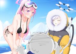 Rule 34 | 1boy, 2girls, :o, absurdres, bare arms, bare shoulders, bent over, bikini, black bikini, black hair, blue archive, blush, breasts, cleavage, coat, collarbone, day, doodle sensei (blue archive), dot nose, eimi (blue archive), eimi (swimsuit) (blue archive), fur-trimmed coat, fur trim, glacier, goggles, goggles on head, halo, hands on own knees, highres, himari (blue archive), large breasts, long hair, long sleeves, looking at viewer, mole, mole under eye, multiple girls, ocean, official alternate costume, open mouth, outdoors, pink eyes, pink halo, ponytail, purple eyes, rkgk ojisan, sensei (blue archive), side-tie bikini bottom, sideboob, sidelocks, ski goggles, sun, swimsuit