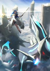 Rule 34 | 1girl, absurdres, arknights, bare legs, blue hair, blurry, blurry foreground, broken pillar, cloud, commentary, creatures (company), crossover, dialga, dress, dual wielding, floating, frilled skirt, frills, full body, game freak, gen 4 pokemon, glowing, glowing eye, gyoukan (jfxc), hair between eyes, halo, highres, holding, horns, legendary pokemon, long hair, mostima (arknights), nintendo, open mouth, pokemon, pokemon (creature), skirt, sky, togekiss, white dress