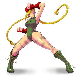 Rule 34 | 1girl, armpits, beret, blonde hair, blue eyes, bodypaint, boots, braid, breasts, cammy white, camouflage, claymore32, colorized, combat boots, fighting stance, fingerless gloves, full body, gloves, hat, highres, knee boots, leotard, long hair, scar, narrow waist, socks, solo, standing, street fighter, twin braids, white background
