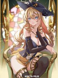 Rule 34 | 1girl, bare shoulders, black gloves, black hat, blonde hair, blue eyes, breasts, chair, cleavage, detached sleeves, dress, drill hair, drill sidelocks, flower, genshin impact, gloves, hat, hat flower, highres, holding, jewelry, long hair, looking at viewer, medium breasts, navia (genshin impact), nocta felis, open mouth, sidelocks, smile, solo, very long hair