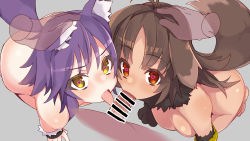 Rule 34 | 1boy, 2girls, animal ear fluff, animal ears, bar censor, blush, brown hair, censored, disembodied hand, disembodied penis, fellatio, ffm threesome, group sex, hand on another&#039;s head, heart, heart-shaped pupils, hetero, kaori (princess connect!), kneeling, licking, licking penis, looking at viewer, makoto (princess connect!), maze (gochama ze gohan), cooperative fellatio, multiple girls, nude, oral, orange eyes, penis, princess connect!, princess connect!, purple hair, symbol-shaped pupils, tail, threesome, tongue, tongue out, wolf ears, wolf girl, wolf tail, yellow eyes