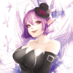 Rule 34 | 1girl, bug, butterfly, commentary, elf, hat, hat feather, highres, insect, leyu, looking at viewer, lucid (maplestory), maplestory, mini hat, mini top hat, pink hair, pointy ears, smile, solo, top hat