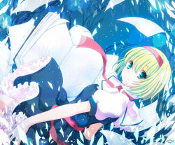 Rule 34 | 1girl, alice margatroid, bad id, bad pixiv id, blonde hair, blue eyes, book, female focus, hairband, light particles, looking at viewer, open book, philomelalilium, short hair, smile, solo, touhou